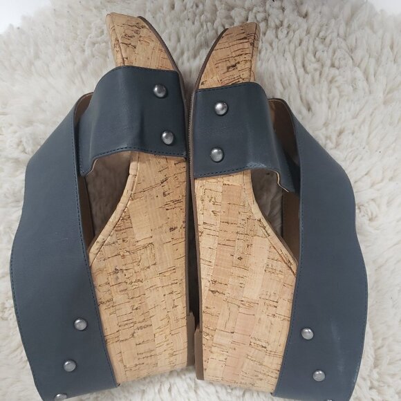 Lucky Brand Dark Slate Blue Cork Wedge Sandals Size 8.5 - Picture 7 of 11